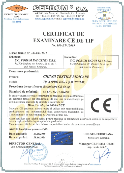 CE Approval type Certificate for Webbing Slings